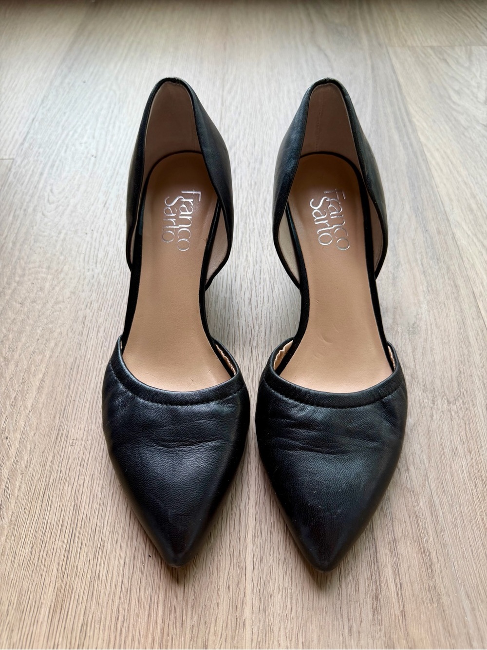 Franco Sarto Black Leather Pointed D'Orsay Heels